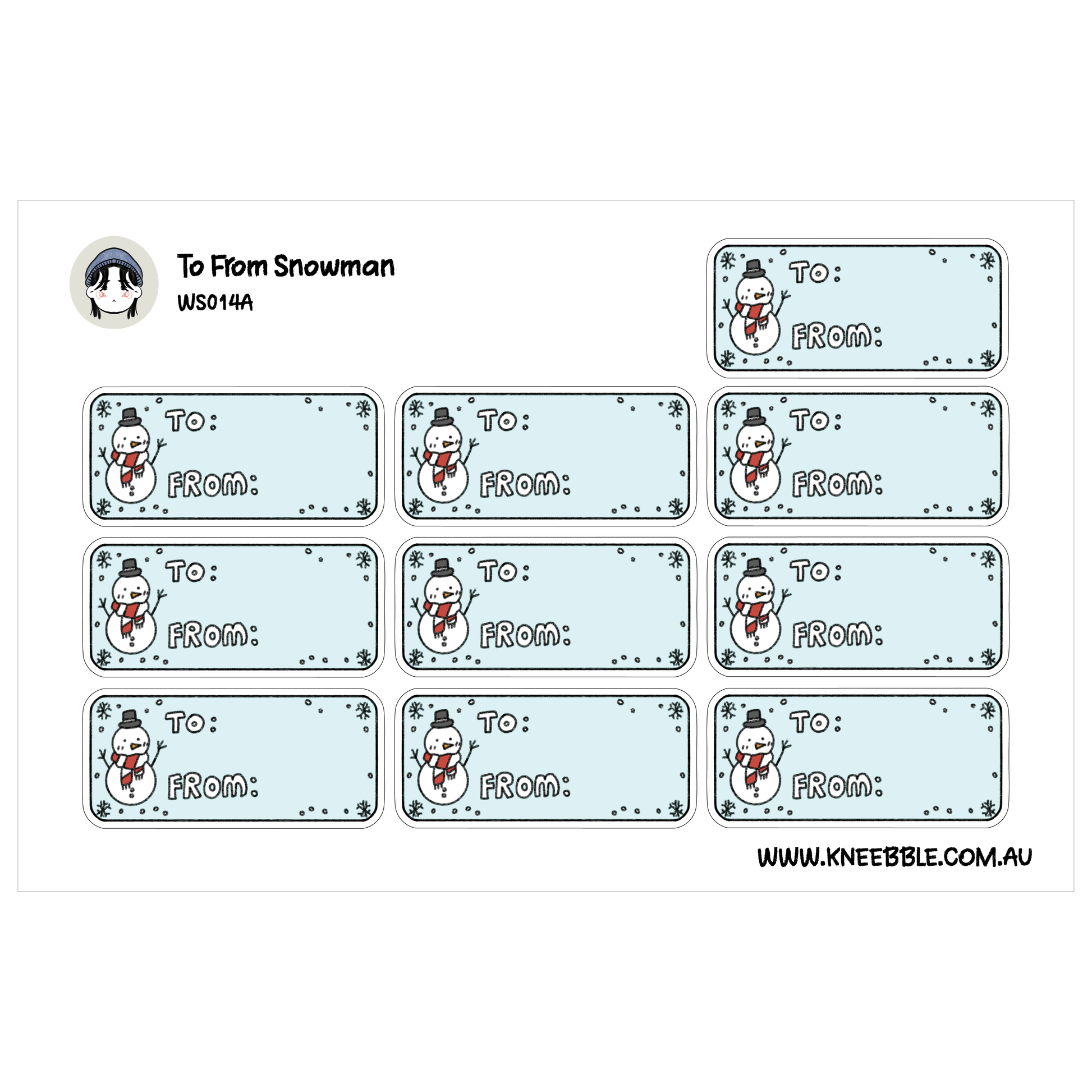 a collection of nine snowman-themed labels, each with a different snowman design and text. The labels are arranged in a grid format, with three rows and three columns. The text on the labels is a simple phrase that reads "To: Snowman" and "FROM: Snowman".