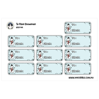 a collection of nine snowman-themed labels, each with a different snowman design and text. The labels are arranged in a grid format, with three rows and three columns. The text on the labels is a simple phrase that reads "To: Snowman" and "FROM: Snowman".