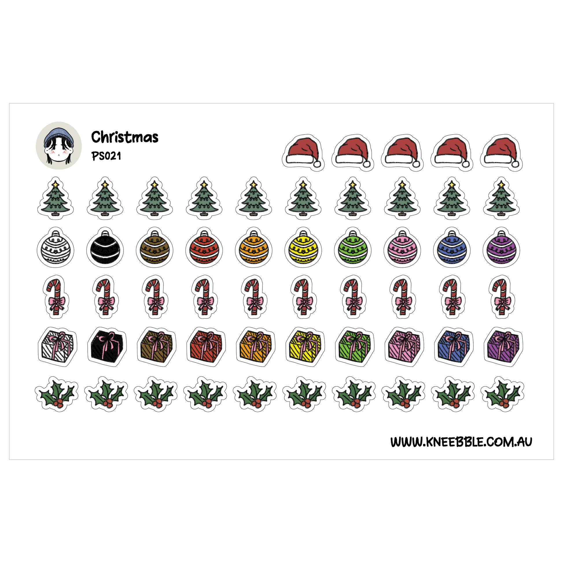 a collection of Christmas-themed stickers, including various ornaments, a Christmas tree, a Santa hat, and other festive elements.