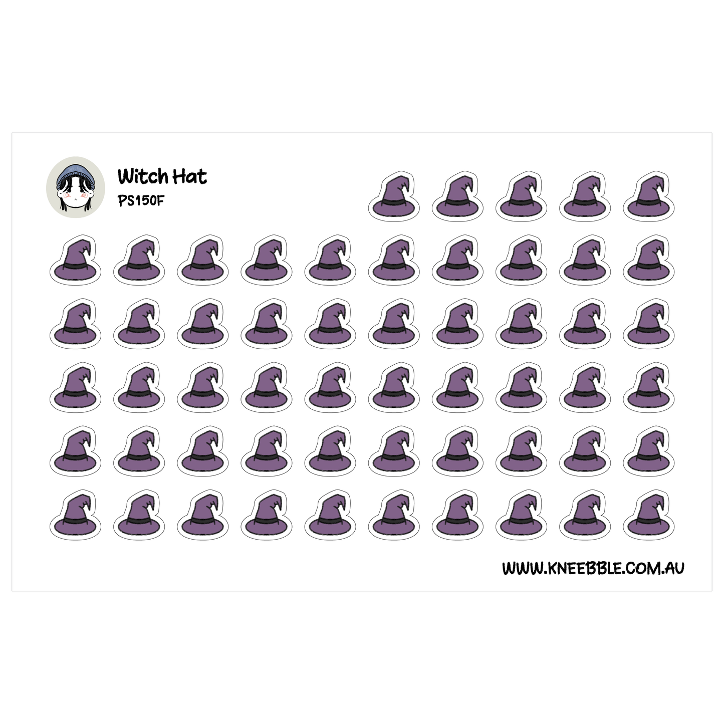 a grid of purple witch hats, each with a unique design and size. The hats are arranged in rows and columns, creating a visually appealing pattern. The image does not contain any text, and the hats are of various sizes and designs, making it a diverse and interesting collection.