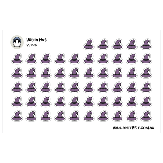 a grid of purple witch hats, each with a unique design and size. The hats are arranged in rows and columns, creating a visually appealing pattern. The image does not contain any text, and the hats are of various sizes and designs, making it a diverse and interesting collection.