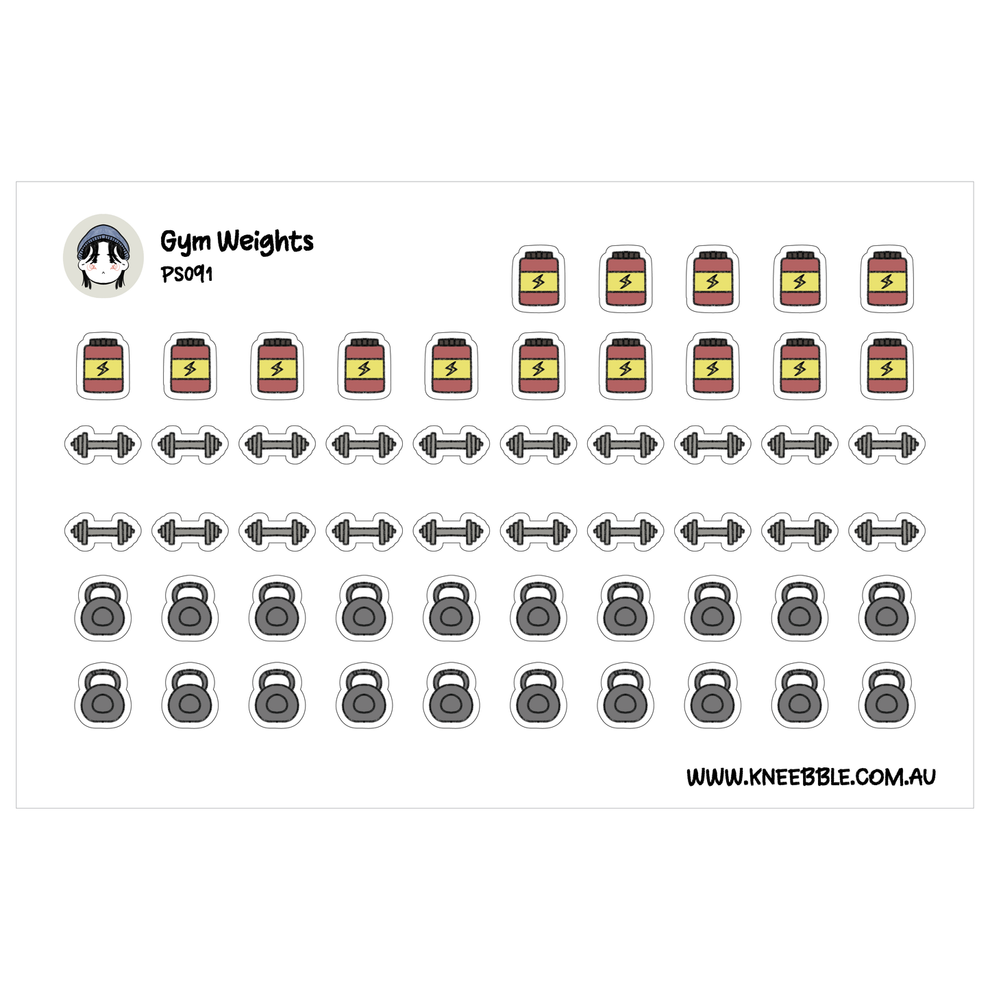 various fitness-related icons and labels, including gym weights, dumbbells, and a person's face.