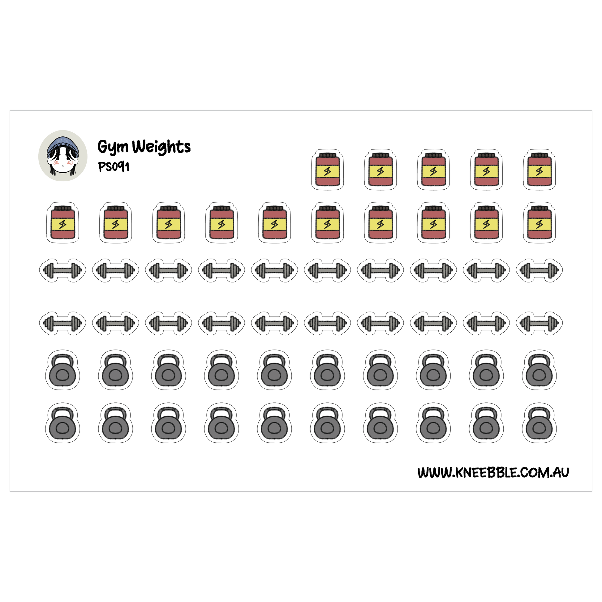 various fitness-related icons and labels, including gym weights, dumbbells, and a person's face.