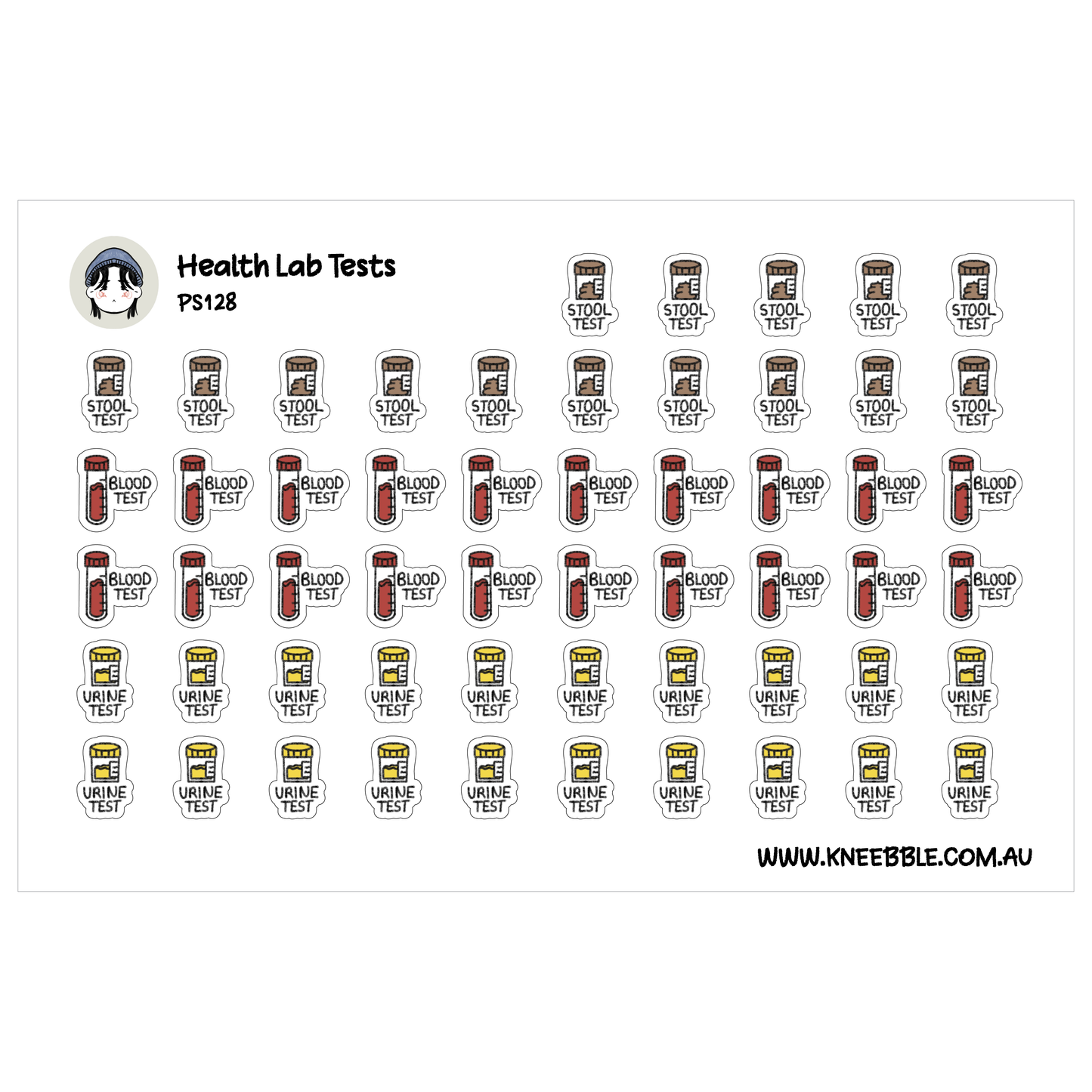 a grid of stickers depicting various health lab tests, including blood tests, urine tests, stool tests, and stool tests.