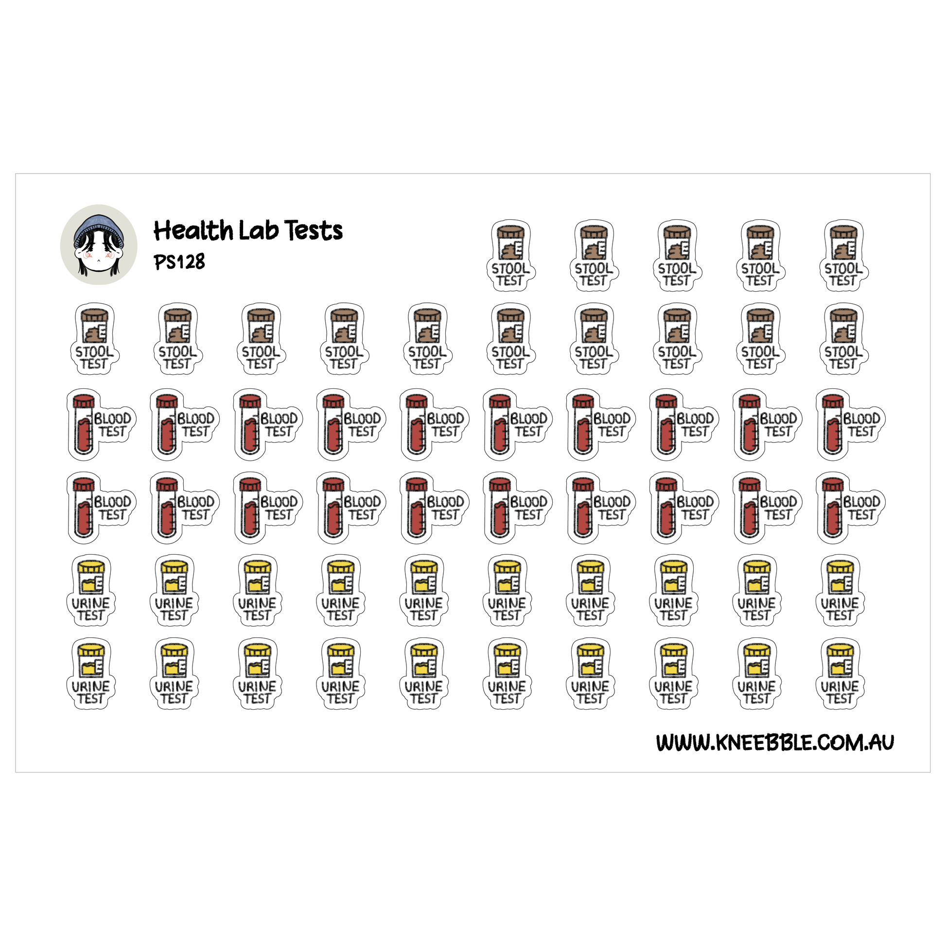 a grid of stickers depicting various health lab tests, including blood tests, urine tests, stool tests, and stool tests.