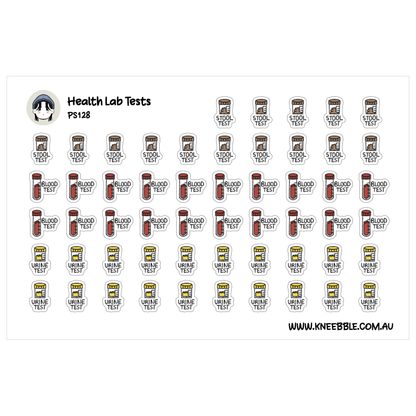 a grid of stickers depicting various health lab tests, including blood tests, urine tests, stool tests, and stool tests.