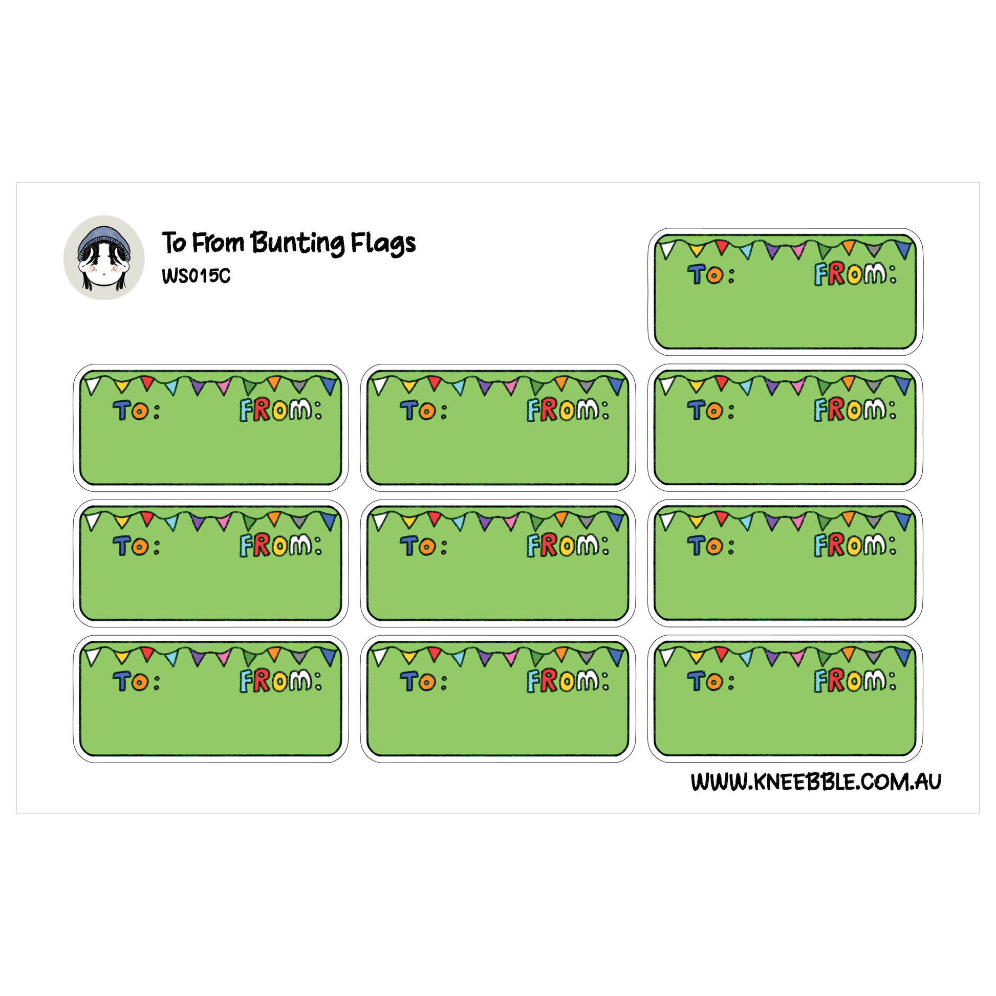 a collection of green rectangular labels with the text "To: From:" written on them. The labels are arranged in a grid pattern, with each row containing three labels. The text on the labels is colorful and includes various phrases such as "To: From:" and "From:". The image does not contain any additional text that can be described in more detail, and it does not include any specific visual elements or details that can be described in more detail.