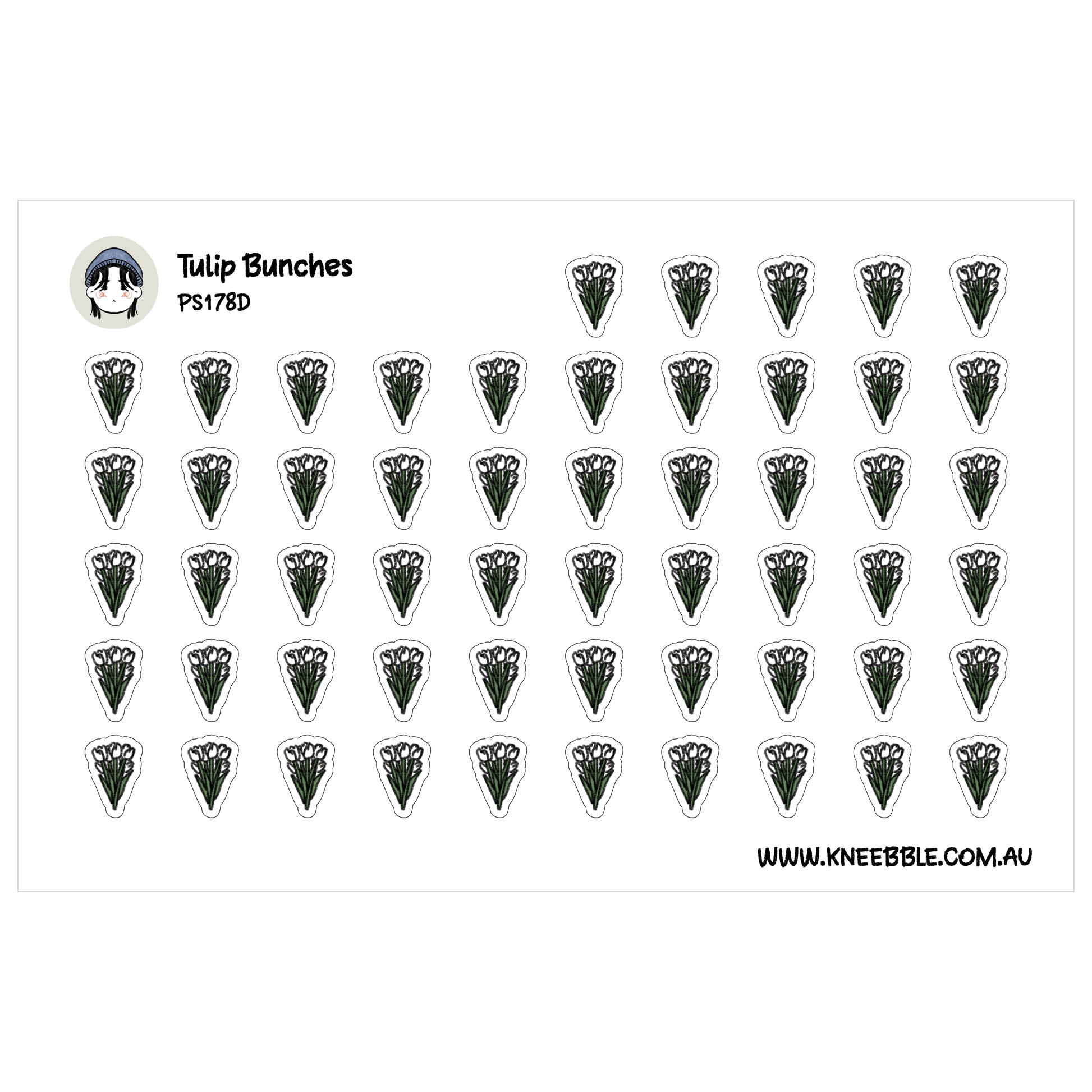 a grid of small black and white stickers, each featuring a stylized illustration of a tulip flower. The stickers are arranged in rows and columns, creating a visually organized and repetitive pattern.