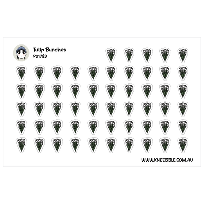 a grid of small black and white stickers, each featuring a stylized illustration of a tulip flower. The stickers are arranged in rows and columns, creating a visually organized and repetitive pattern.