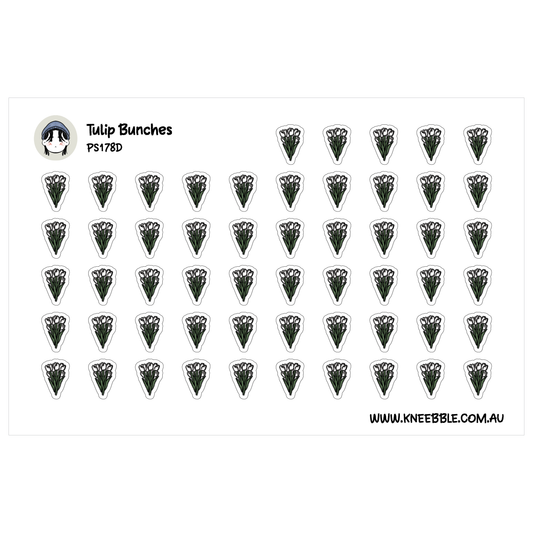 a grid of small black and white stickers, each featuring a stylized illustration of a tulip flower. The stickers are arranged in rows and columns, creating a visually organized and repetitive pattern.