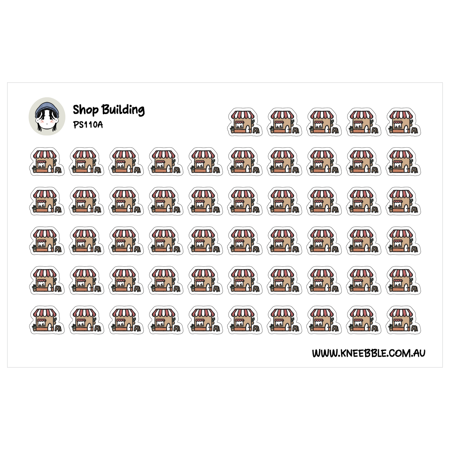 a grid of small, stylized illustrations of various buildings, likely representing different types of shops or commercial establishments.