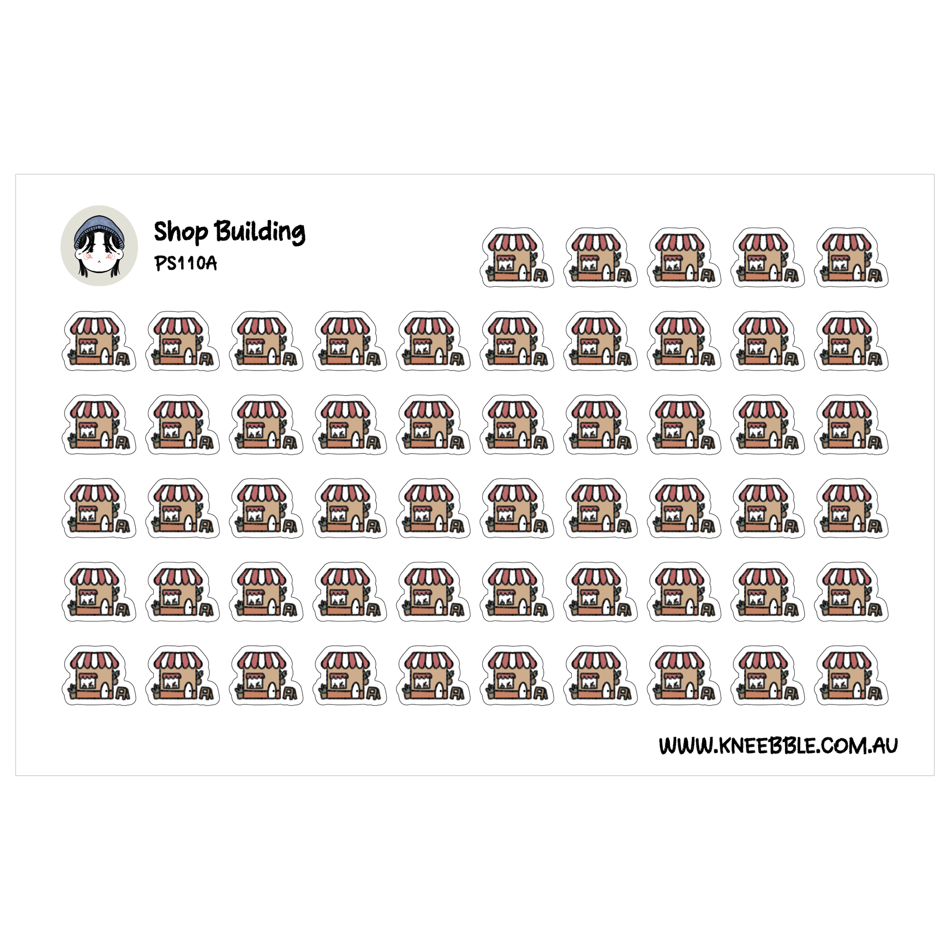 a grid of small, stylized illustrations of various buildings, likely representing different types of shops or commercial establishments.