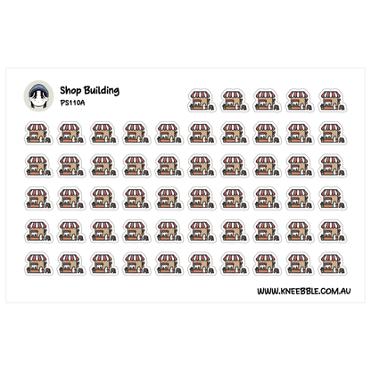 a grid of small, stylized illustrations of various buildings, likely representing different types of shops or commercial establishments.