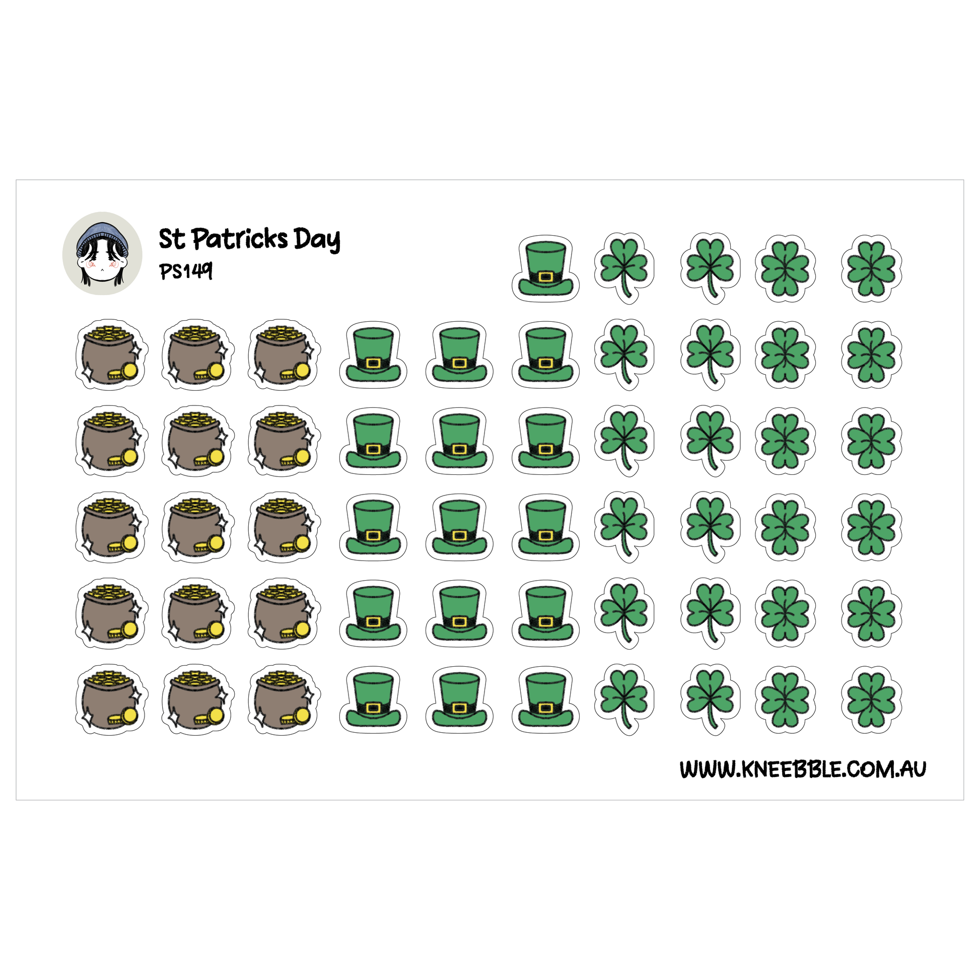 a collection of stickers depicting various St. Patrick's Day symbols, including pots of gold, green shamrocks, and green hats.