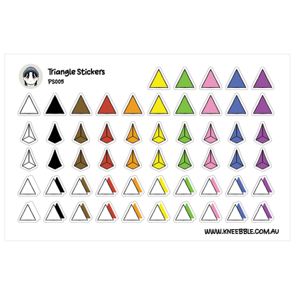 a collection of various colored and patterned triangle stickers, including different shapes and designs.