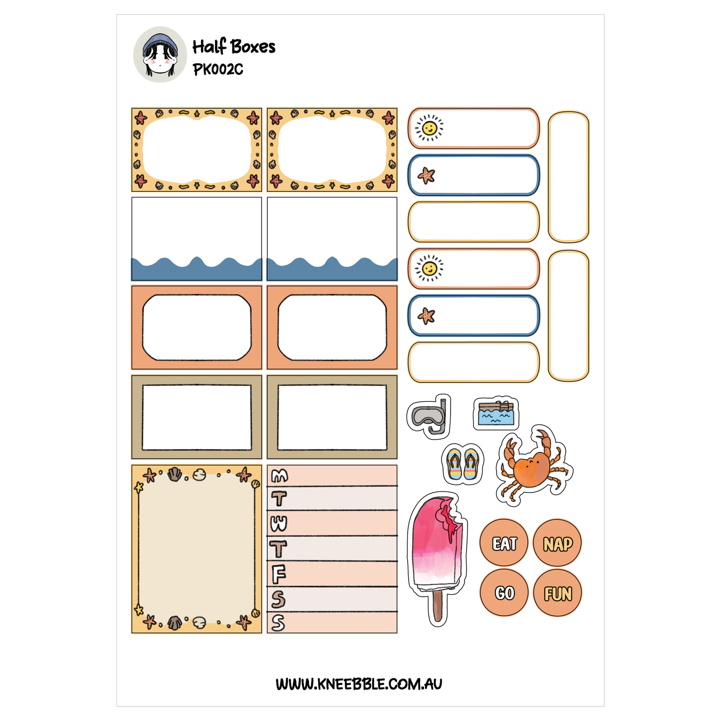 various colorful and whimsical elements, including half boxes, a crab, and a sun. The text "Half Boxes" and "PK02C" is visible, along with the website "www.KNEBBLE.com.au". The image is described as a collage of multiple images, and it does not contain any specific information about the content or context of the images.