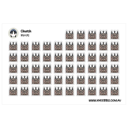 a grid of small, stylized church icons arranged in a repeating pattern.