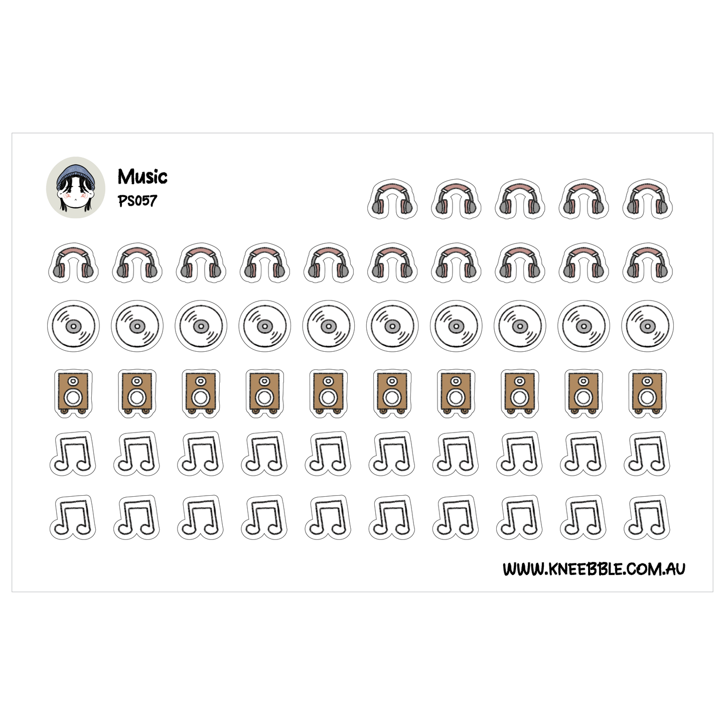 a collection of various icons related to music, including headphones, vinyl records, and musical notes.