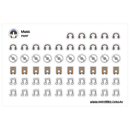 a collection of various icons related to music, including headphones, vinyl records, and musical notes.