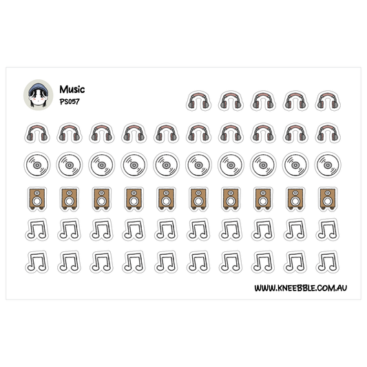 a collection of various icons related to music, including headphones, vinyl records, and musical notes.