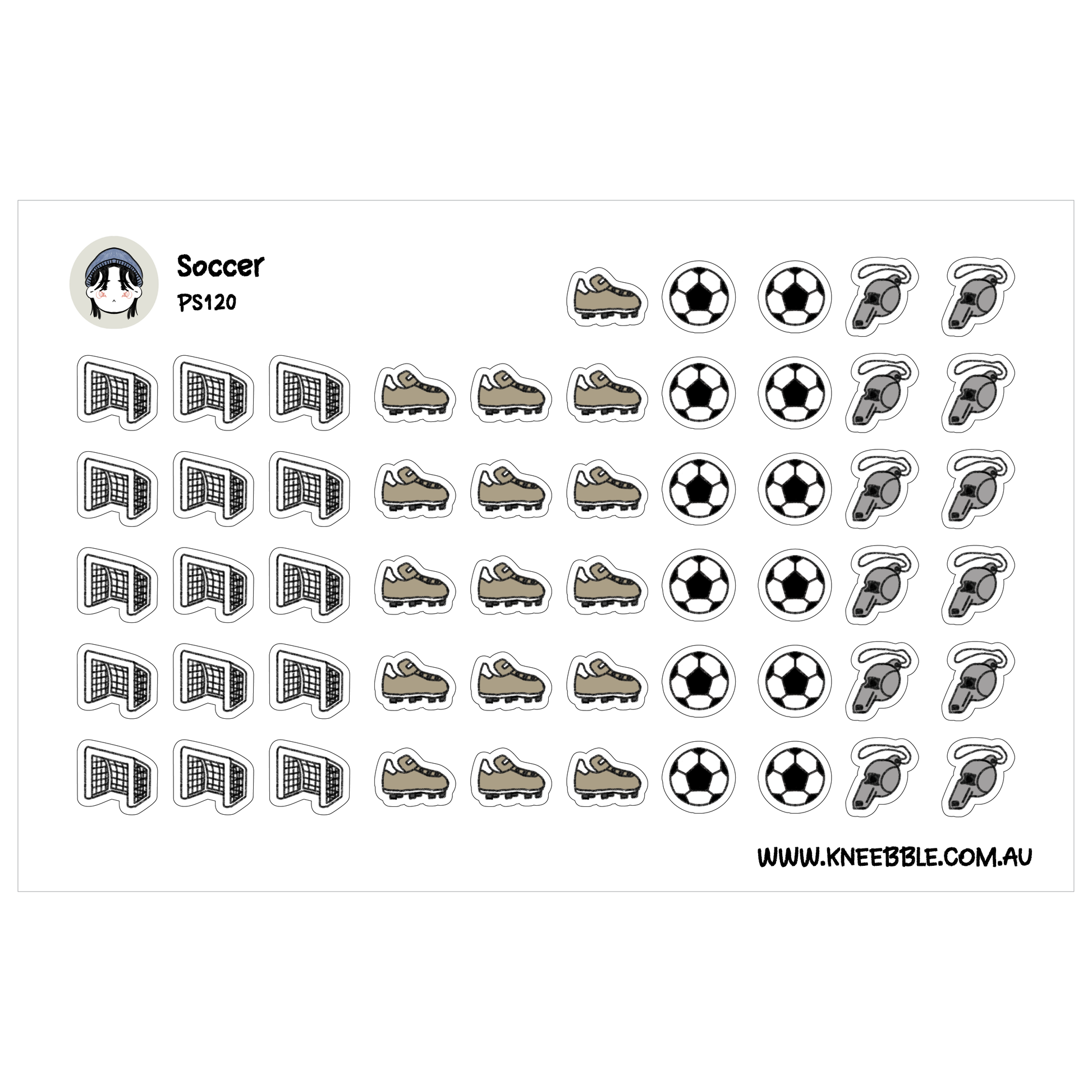 various soccer-related icons and symbols, including soccer balls, soccer cleats, a soccer ball, a whistle, and a soccer goal.