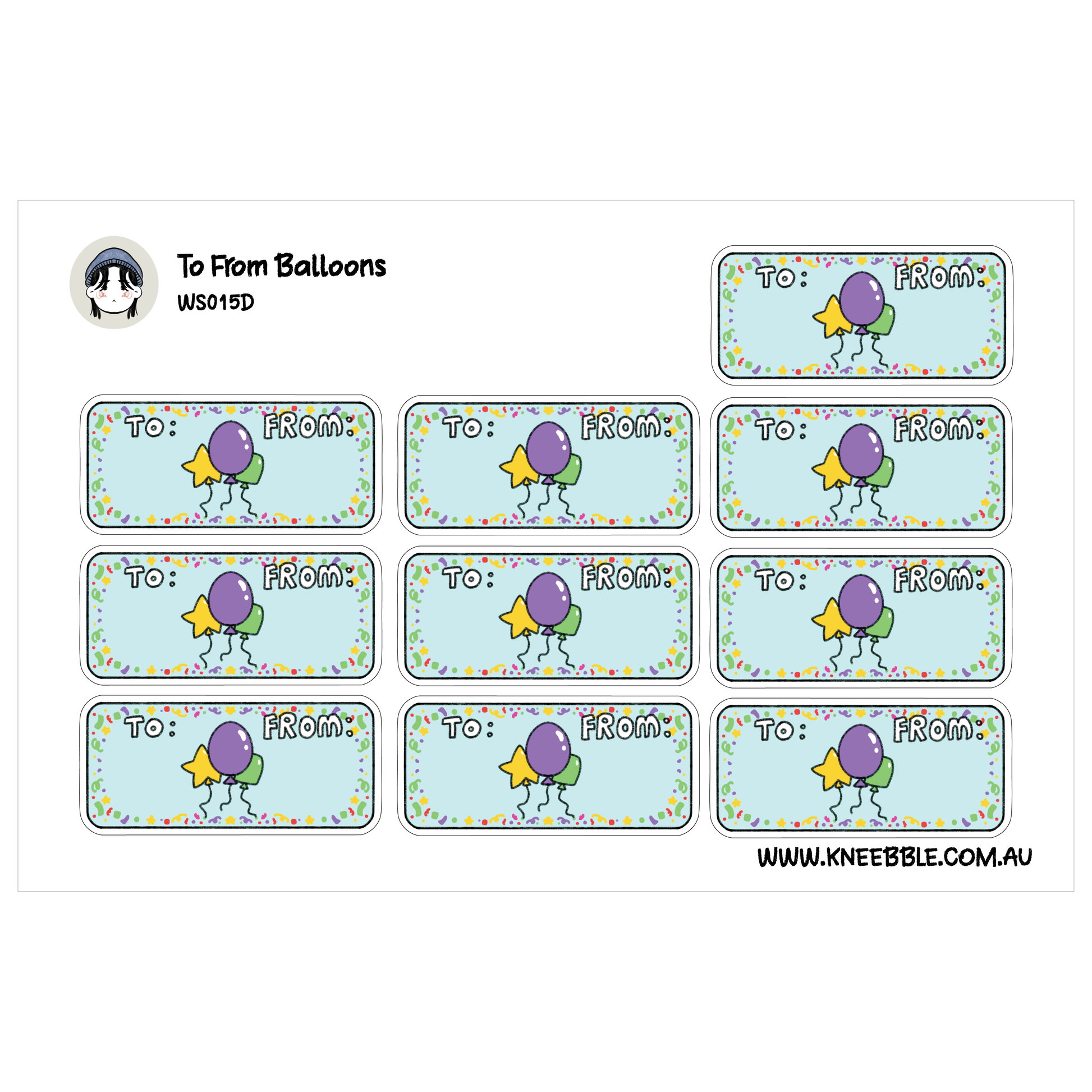 a grid of stickers with illustrations of balloons and stars, along with the text "To: From:". The stickers are arranged in a grid format, with each row containing three stickers. The stickers are designed to be used as labels or tags for various purposes, such as gift-giving or event planning.
