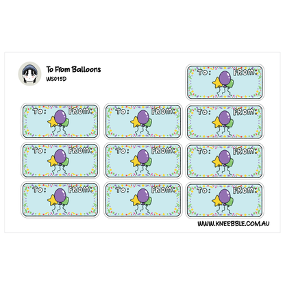 a grid of stickers with illustrations of balloons and stars, along with the text "To: From:". The stickers are arranged in a grid format, with each row containing three stickers. The stickers are designed to be used as labels or tags for various purposes, such as gift-giving or event planning.