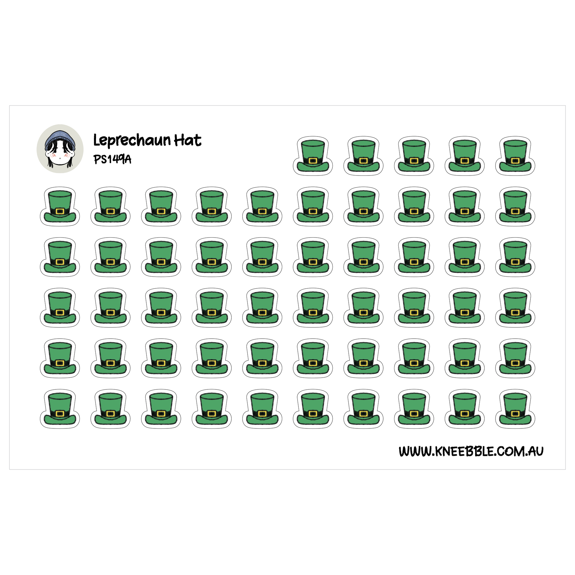 a grid of green leprechaun hats, with each hat being a separate sticker. The hats are arranged in rows and columns, creating a visually organized and repetitive pattern.
