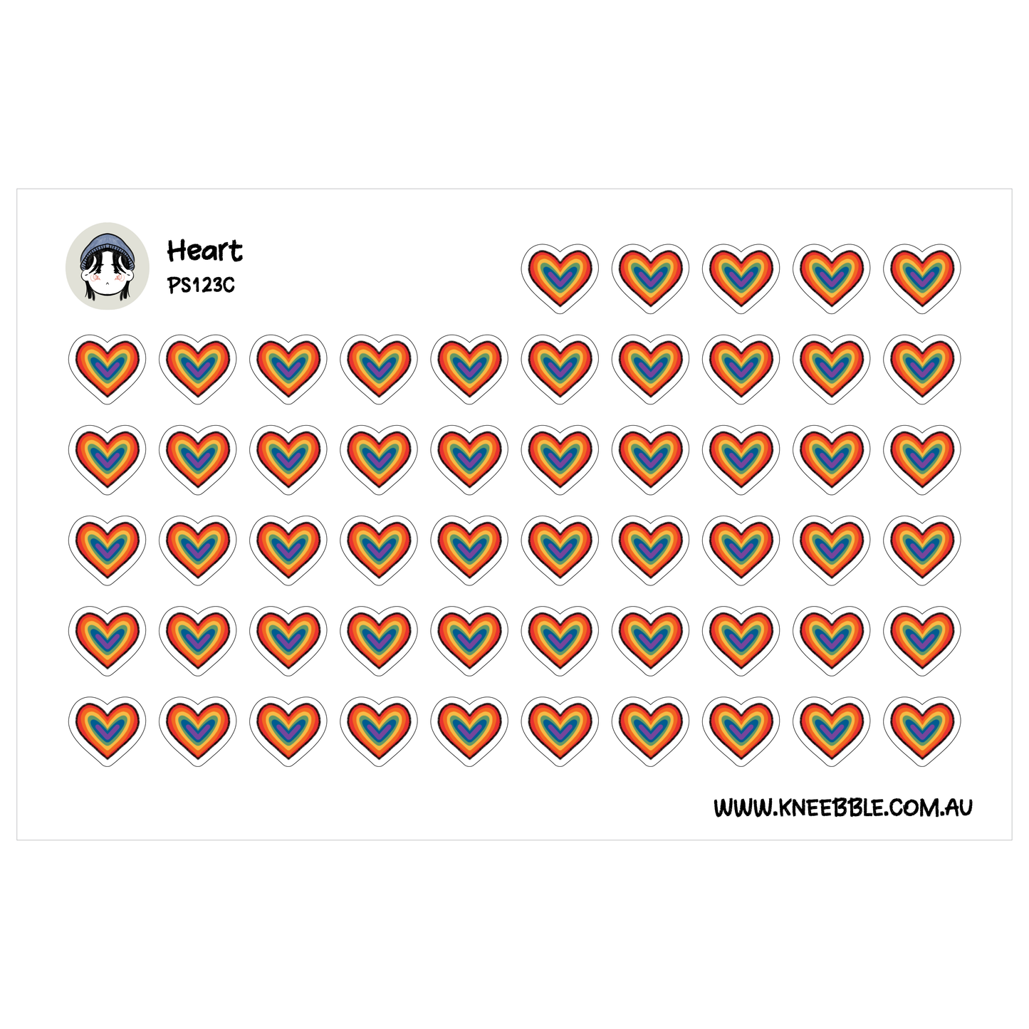 a grid of heart-shaped stickers, each featuring a rainbow pattern. The stickers are arranged in rows and columns, creating a visually appealing and colorful display.