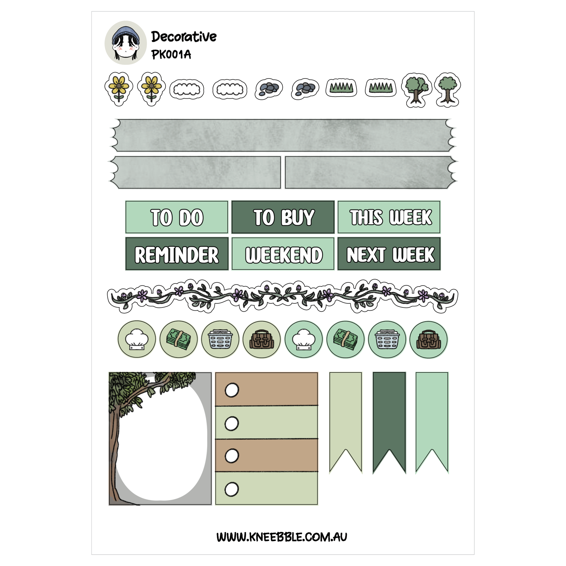 various decorative elements, including icons, labels, and illustrations, all in a light green color scheme. The text in the image is minimalistic and straightforward, focusing on the visual content without any additional descriptive text.