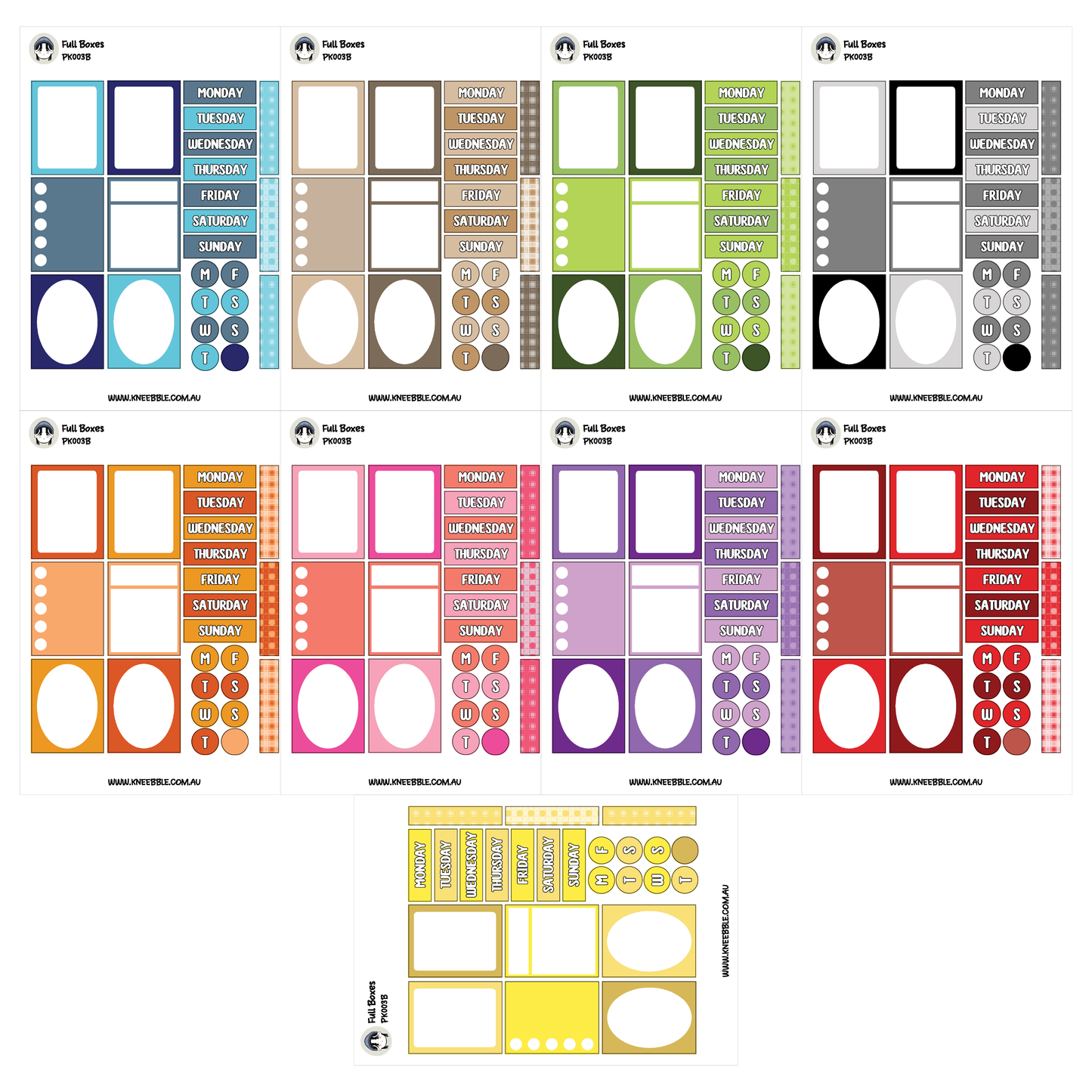 a collection of nine different colored boxes, each with various shapes and sizes, arranged in a grid-like pattern. The boxes appear to be designed for use in a collage or as a visual element in a design project.