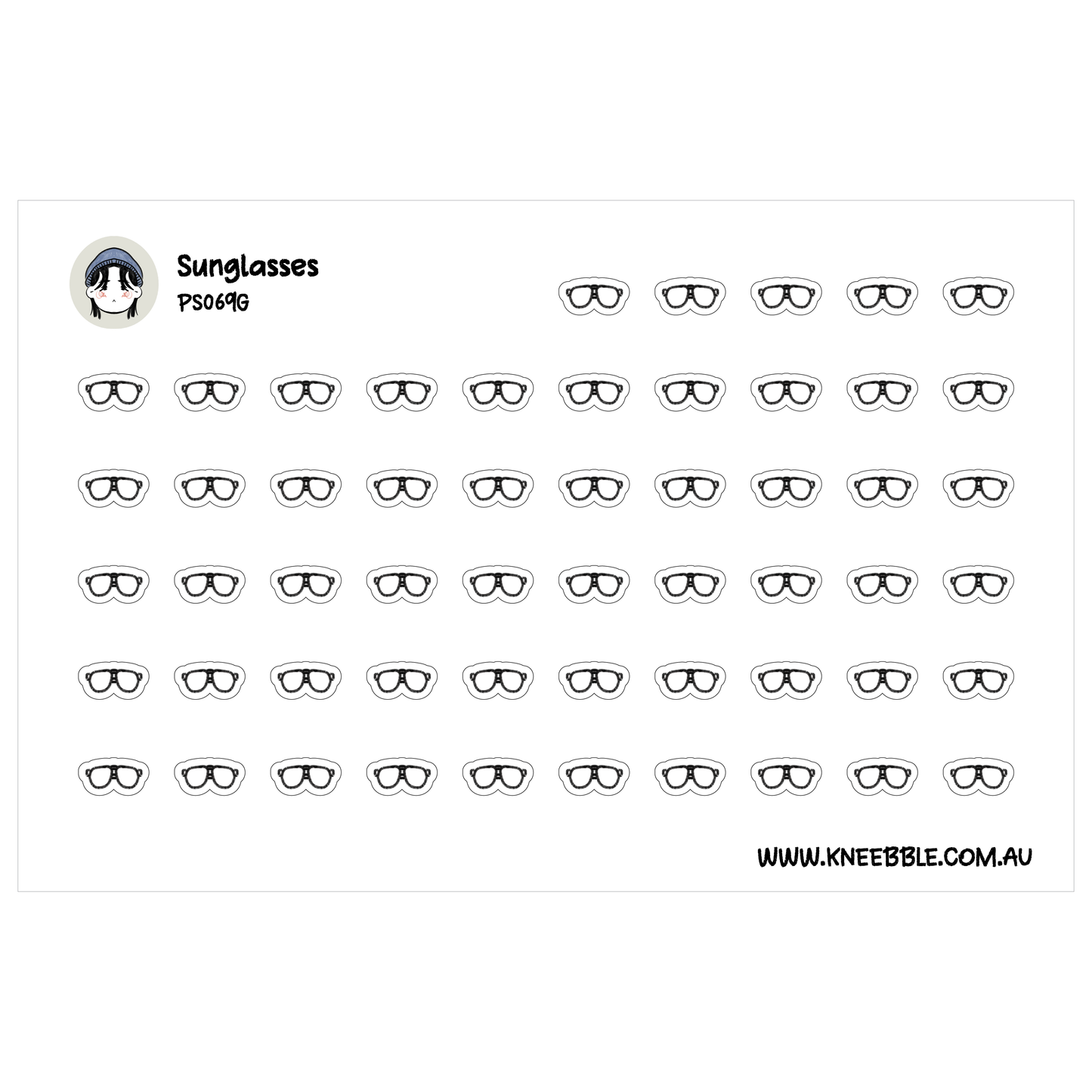 a grid of identical black and white sunglasses, arranged in rows and columns.