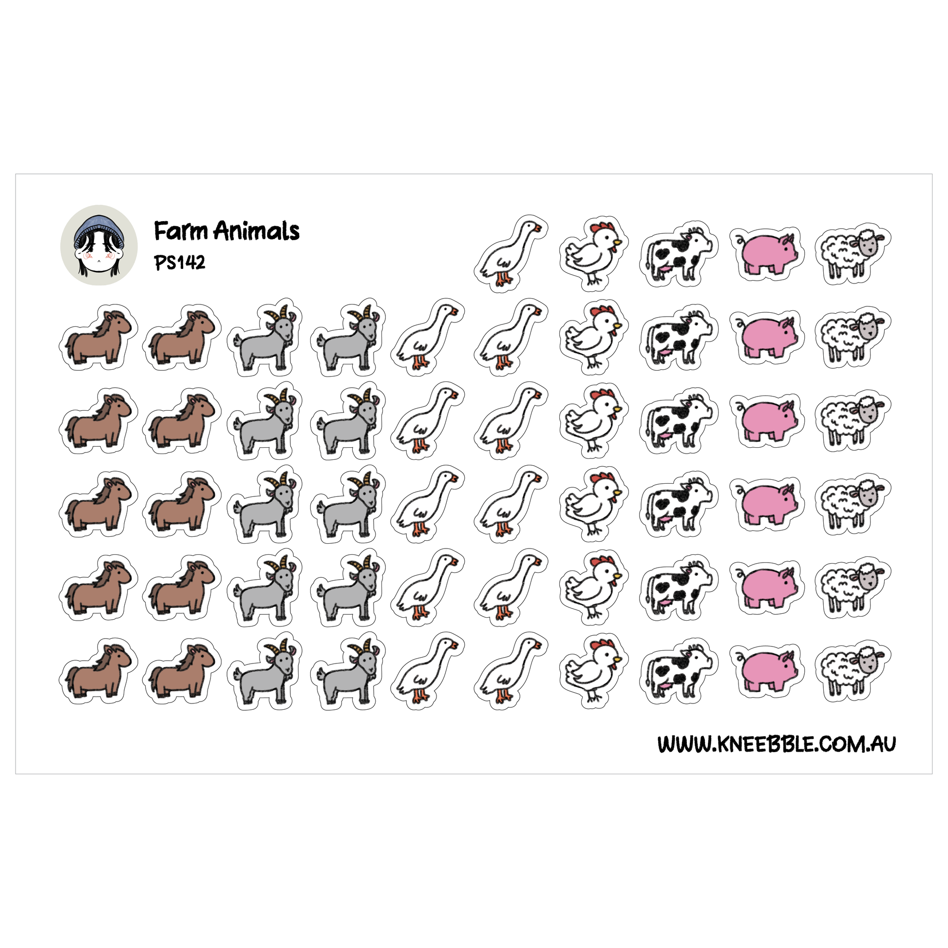 a collection of farm animal stickers, including cows, goats, ducks, and chickens, arranged in rows and columns.