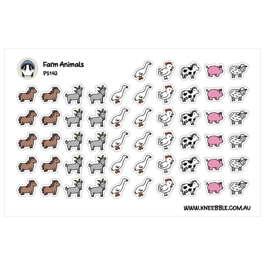 a collection of farm animal stickers, including cows, goats, ducks, and chickens, arranged in rows and columns.