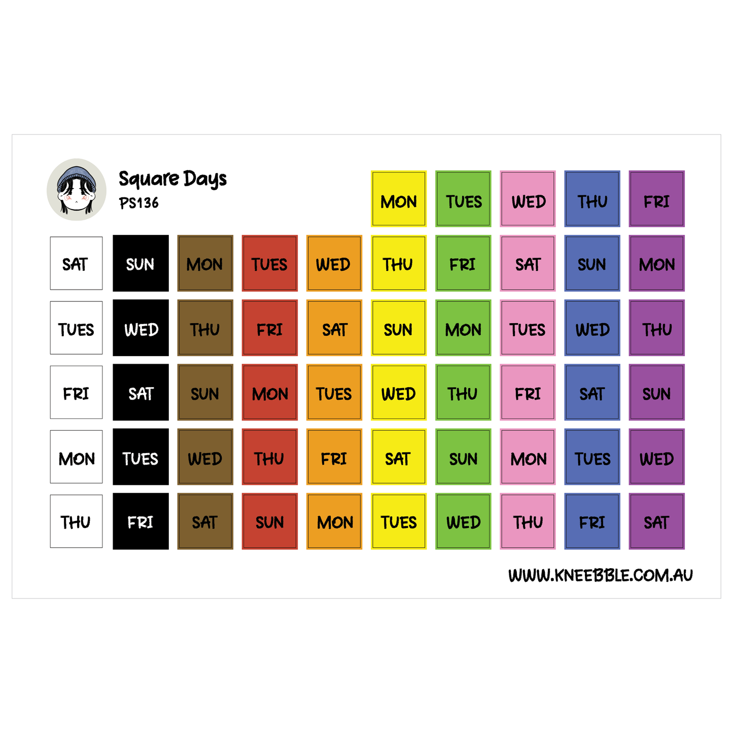 The image is a colorful schedule or calendar for the weekdays, with each day represented by a different color square. The days are labeled as Monday through Friday, and the color squares are arranged in a grid format.