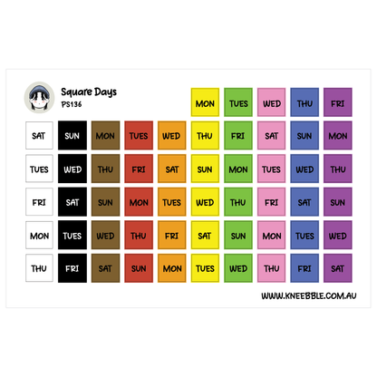 The image is a colorful schedule or calendar for the weekdays, with each day represented by a different color square. The days are labeled as Monday through Friday, and the color squares are arranged in a grid format.
