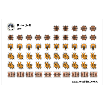 a collection of basketball-related stickers, including a basketball, a hoop, a jersey, and a basketball court.
