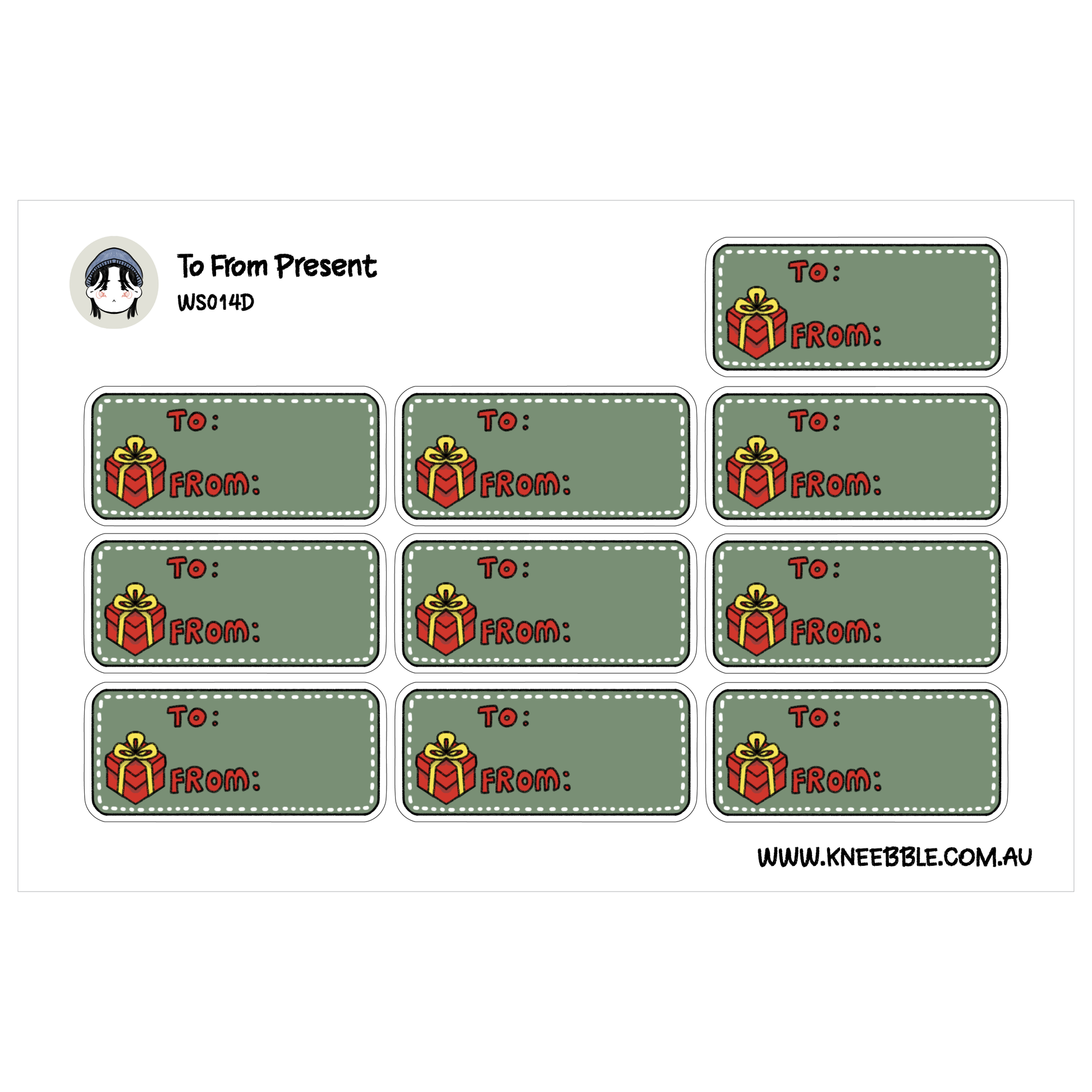 a collection of green rectangular labels with red and yellow gift boxes, each containing a message. The labels are arranged in a grid format, with three rows and four columns. The text on the labels is not described in detail, and the image does not contain any specific information about the content or context.