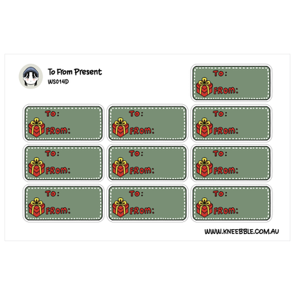 a collection of green rectangular labels with red and yellow gift boxes, each containing a message. The labels are arranged in a grid format, with three rows and four columns. The text on the labels is not described in detail, and the image does not contain any specific information about the content or context.