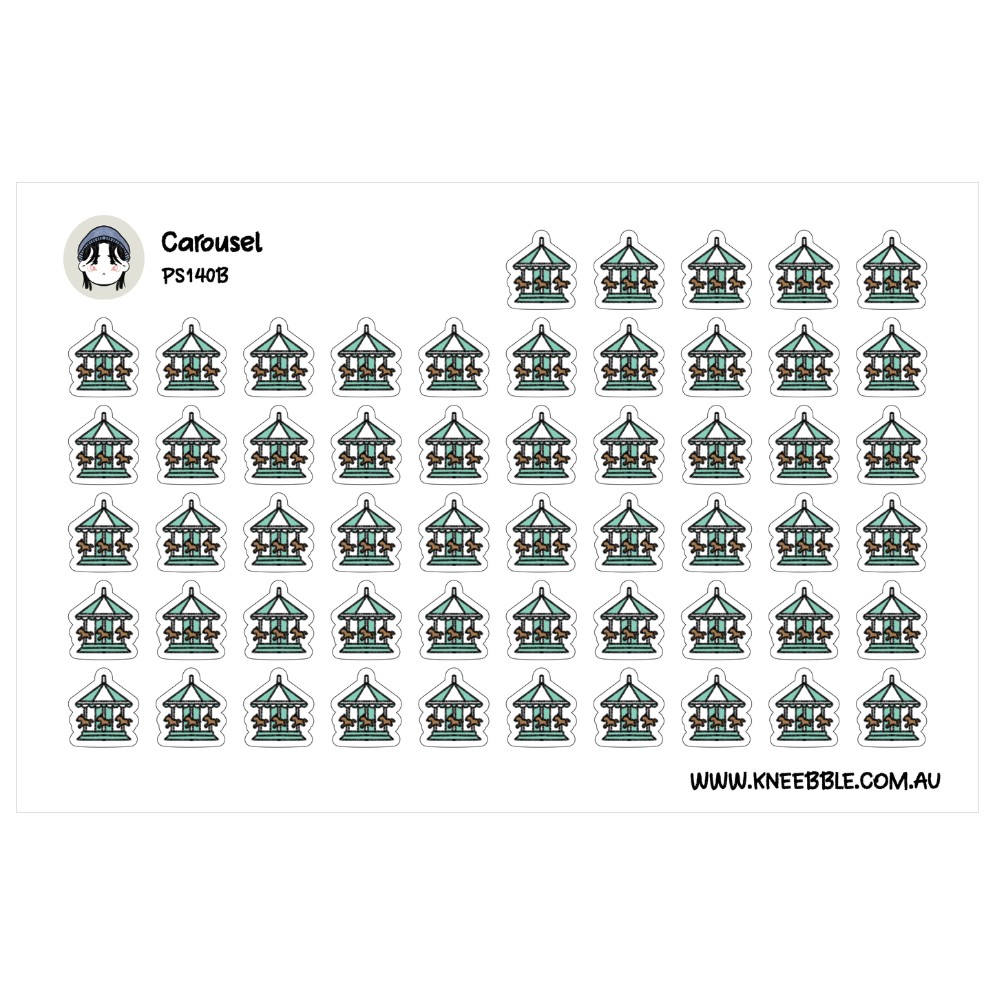a grid of identical stickers, each depicting a carousel. The stickers are arranged in rows and columns, creating a visually organized and repetitive pattern.
