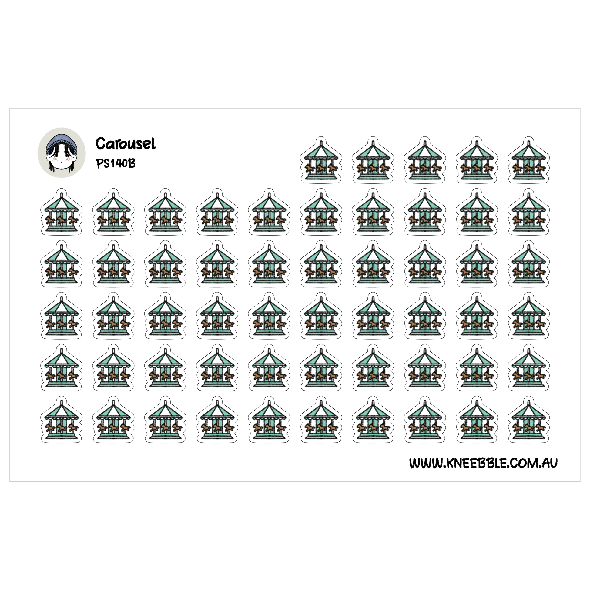 a grid of identical stickers, each depicting a carousel. The stickers are arranged in rows and columns, creating a visually organized and repetitive pattern.