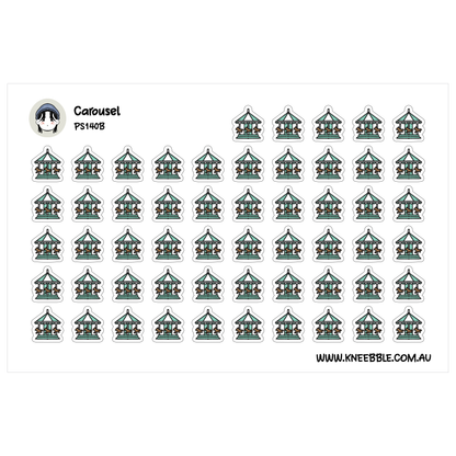 a grid of identical stickers, each depicting a carousel. The stickers are arranged in rows and columns, creating a visually organized and repetitive pattern.