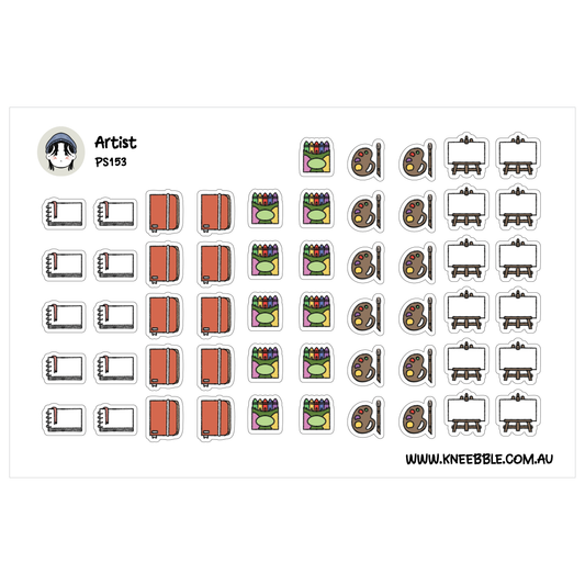 a collection of various stickers depicting different objects and tools commonly associated with artists, such as paintbrushes, sketchbooks, and paint palettes.