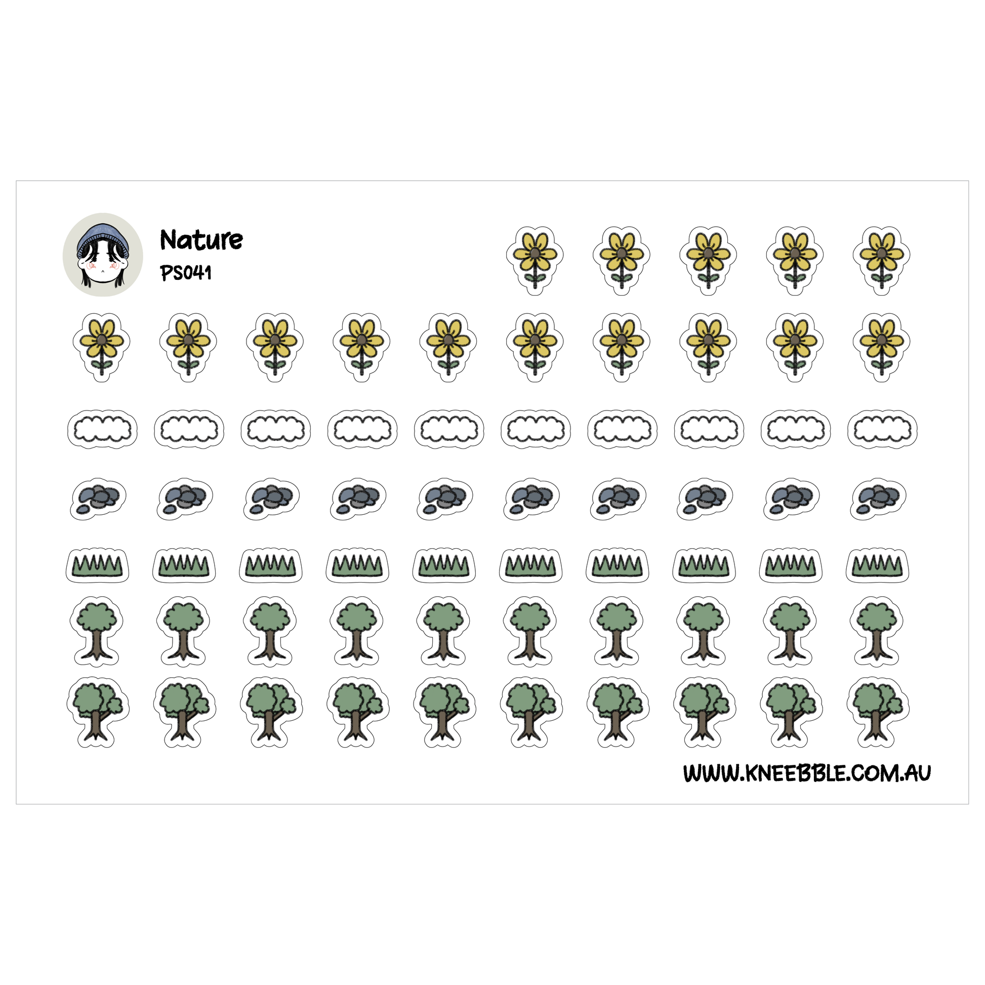 a collection of various nature-themed stickers, including flowers, clouds, trees, and other natural elements.