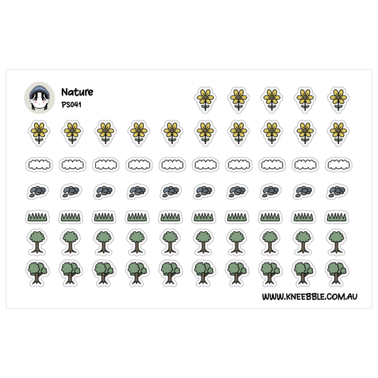 a collection of various nature-themed stickers, including flowers, clouds, trees, and other natural elements.