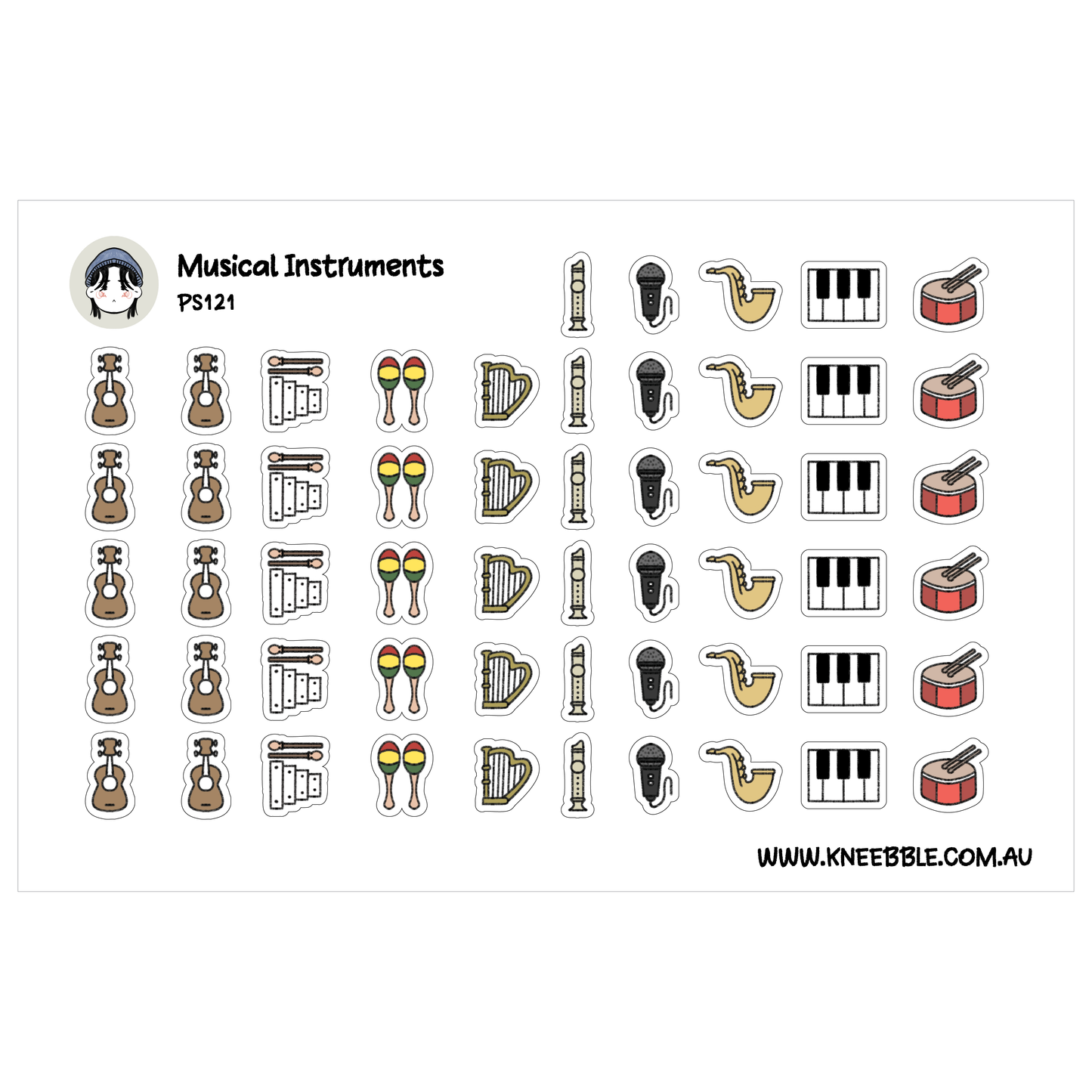 a collection of various musical instruments, including guitars, keyboards, drums, and other instruments, arranged in rows and columns.