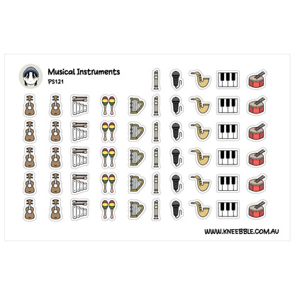 a collection of various musical instruments, including guitars, keyboards, drums, and other instruments, arranged in rows and columns.