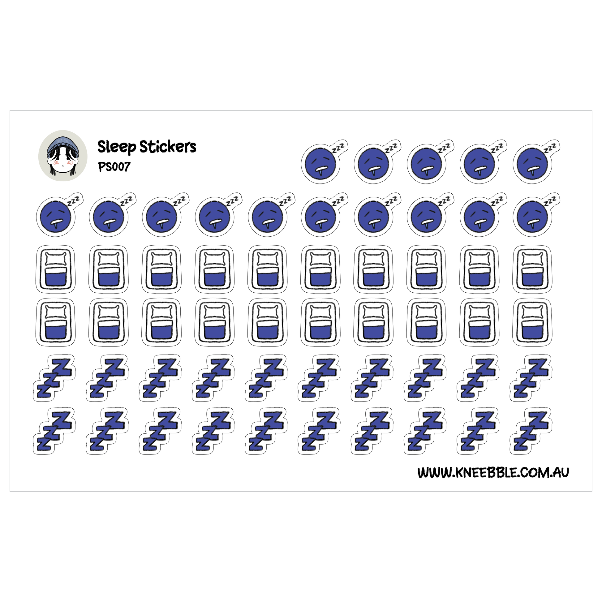 a collection of sleep-related stickers, including cartoon-style illustrations of beds, pillows, and other sleep-related objects.