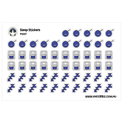 a collection of sleep-related stickers, including cartoon-style illustrations of beds, pillows, and other sleep-related objects.