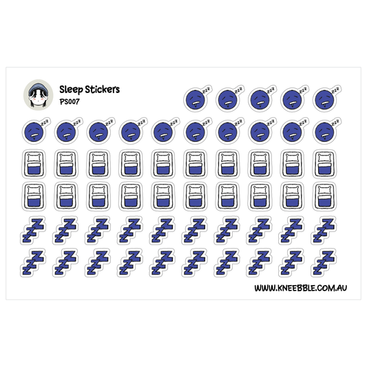 a collection of sleep-related stickers, including cartoon-style illustrations of beds, pillows, and other sleep-related objects.